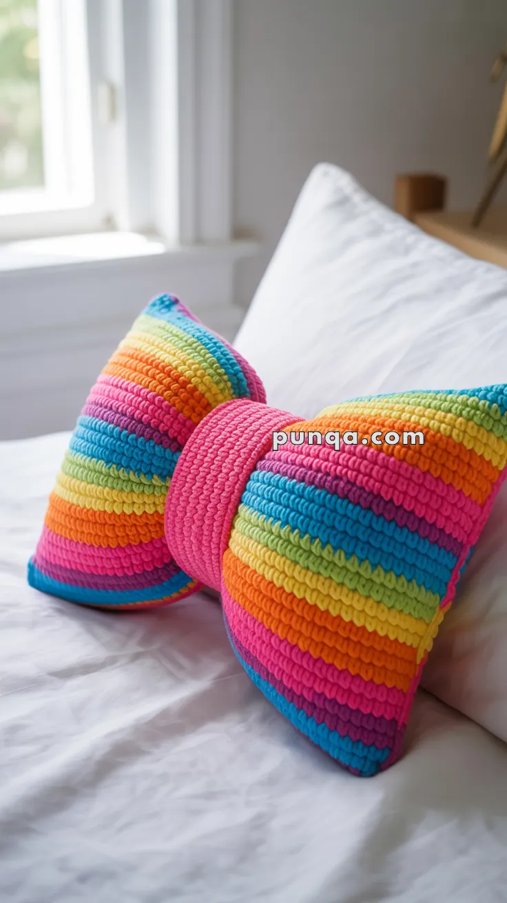 A colorful, bow-shaped pillow with horizontal rainbow stripes on a white bed.
