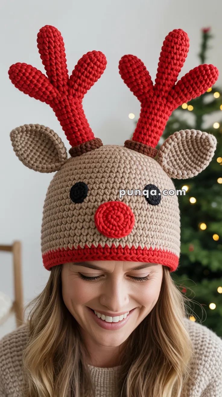 A person wearing a crocheted reindeer hat with red antlers and a red nose, smiling in front of a blurred Christmas tree.