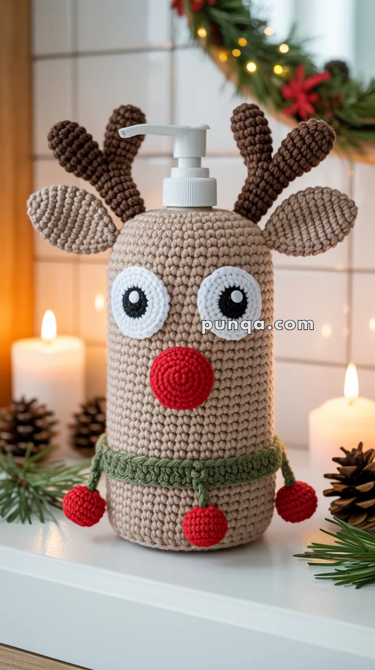 A crochet cover designed as a reindeer with antlers and a red nose, wrapped around a soap dispenser bottle, set against a festive background with candles and pinecones.