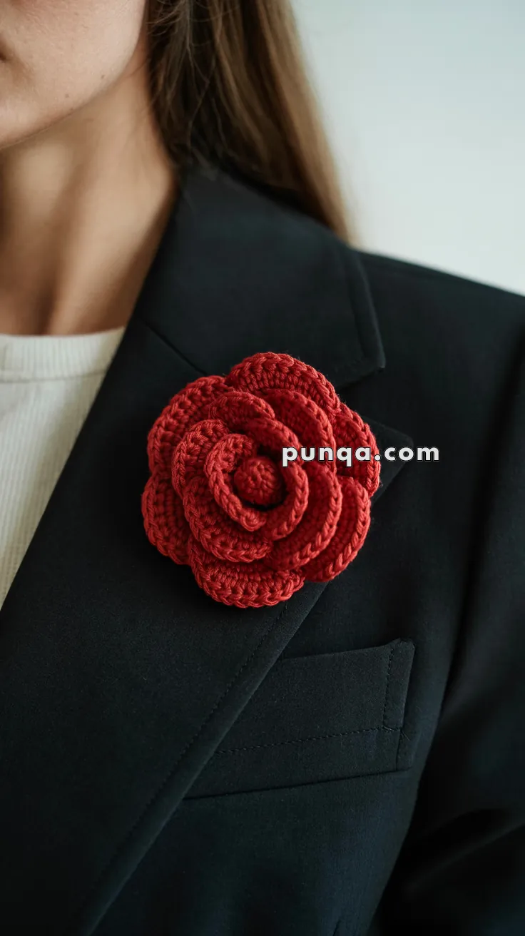 A person wearing a black blazer with a large red crocheted flower brooch pinned on the lapel.