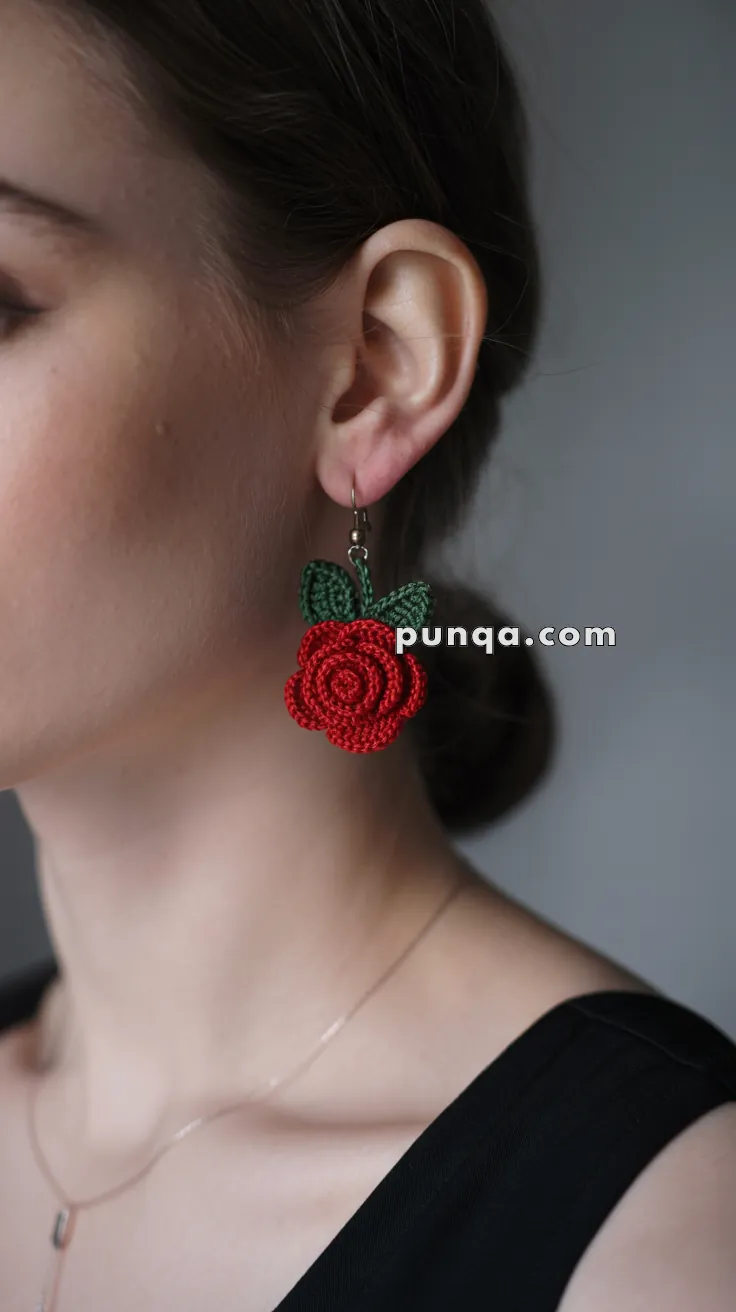 A person wearing a red rose-shaped earring with green leaves, made from beaded fabric, shown in profile against a plain background.