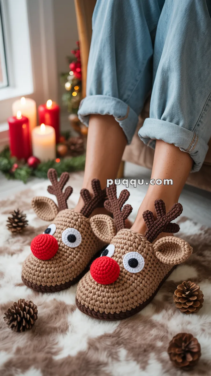 A pair of feet wearing crocheted reindeer slippers with bright red noses and antlers, surrounded by pinecones on a soft surface, with lit candles and festive decorations in the background.