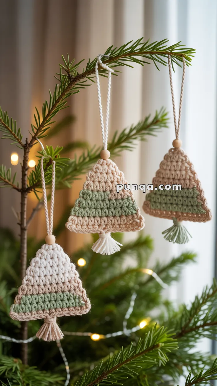 Crochet Christmas tree ornaments in beige and green tones, hanging on a decorated branch with small lights.