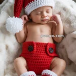 A baby sleeping peacefully while wearing a crocheted red Santa hat, red diaper cover with buttons, and matching red booties, lying on a soft, white blanket with a Christmas tree in the background.