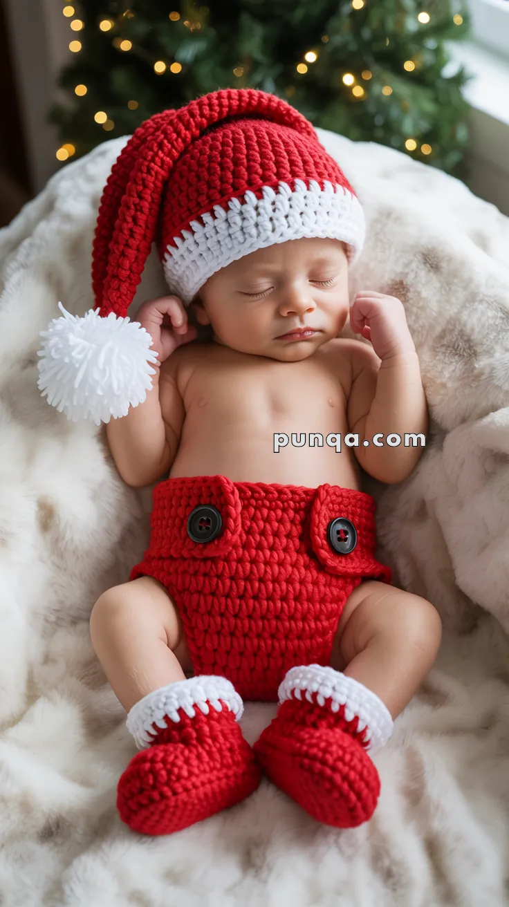 A baby sleeping peacefully while wearing a crocheted red Santa hat, red diaper cover with buttons, and matching red booties, lying on a soft, white blanket with a Christmas tree in the background.