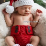 A baby sleeping peacefully in a red and white handmade crocheted Santa outfit, including a hat, diaper cover, and booties, lying on a soft white blanket with a blurred Christmas tree in the background.