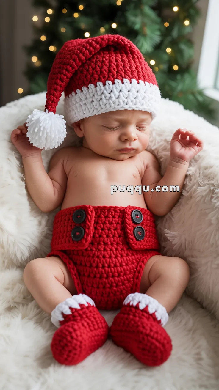 A baby sleeping peacefully in a red and white handmade crocheted Santa outfit, including a hat, diaper cover, and booties, lying on a soft white blanket with a blurred Christmas tree in the background.