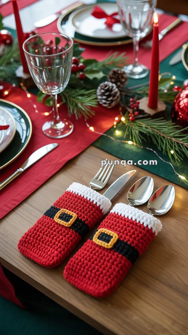 A festive table setting featuring two crocheted red cutlery holders resembling Santa's suit, complete with black belts and yellow buckles, placed beside a set table with plates, glasses, and red candles on a green and red tablecloth.