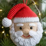 Crocheted Santa Claus face ornament hanging on a Christmas tree, with twinkling lights in the background.