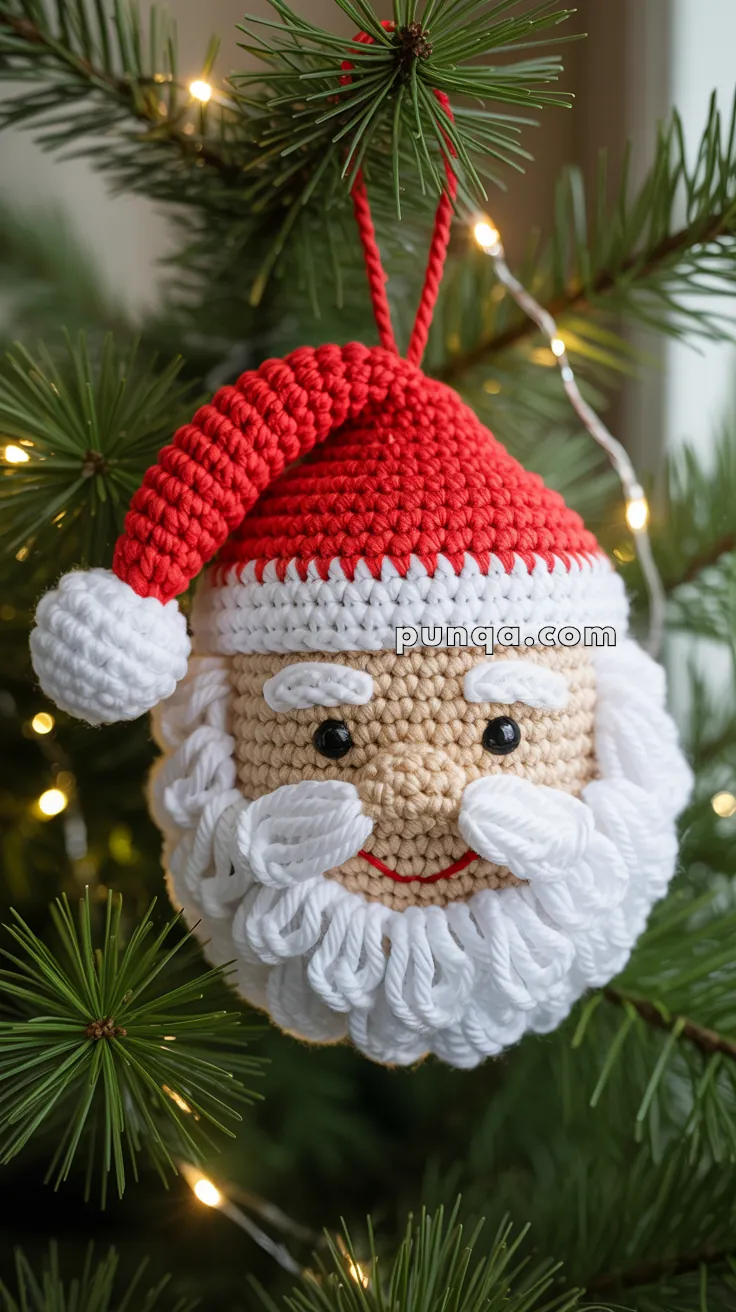 Crocheted Santa Claus face ornament hanging on a Christmas tree, with twinkling lights in the background.