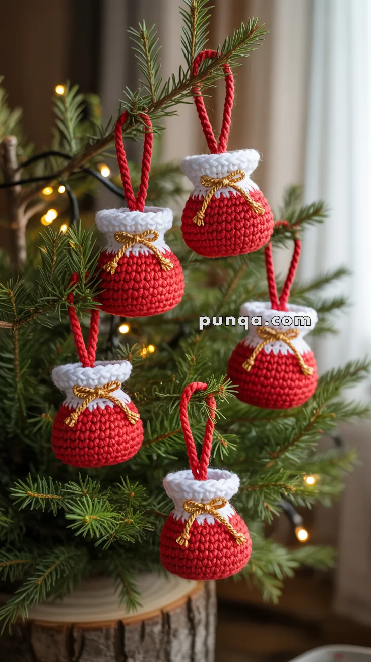 Crocheted red and white pom-pom decorations shaped like sacks, hanging from a Christmas tree branch.