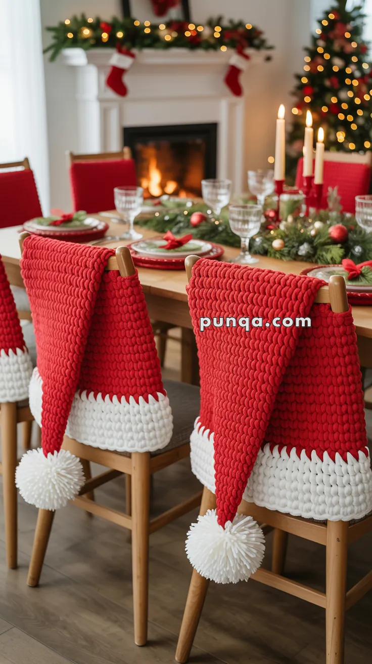 A festive dining room with chairs covered in red and white knitted Santa hat chair covers, a decorated Christmas tree, a fireplace with stockings, and a table set for a holiday meal with candles and greenery.