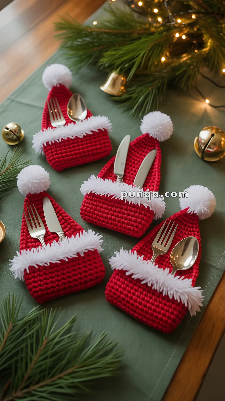 Red crocheted Santa hat napkin holders with cutlery inside, featuring white fluffy pom-poms and trim, displayed on a green tablecloth with Christmas decorations such as pine branches, bells, and string lights.