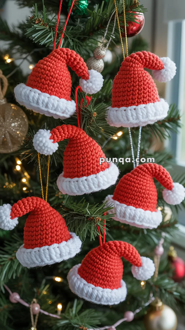 A Christmas tree adorned with crocheted Santa hat ornaments featuring red tops and white brims and pompoms, hanging from colorful strings.