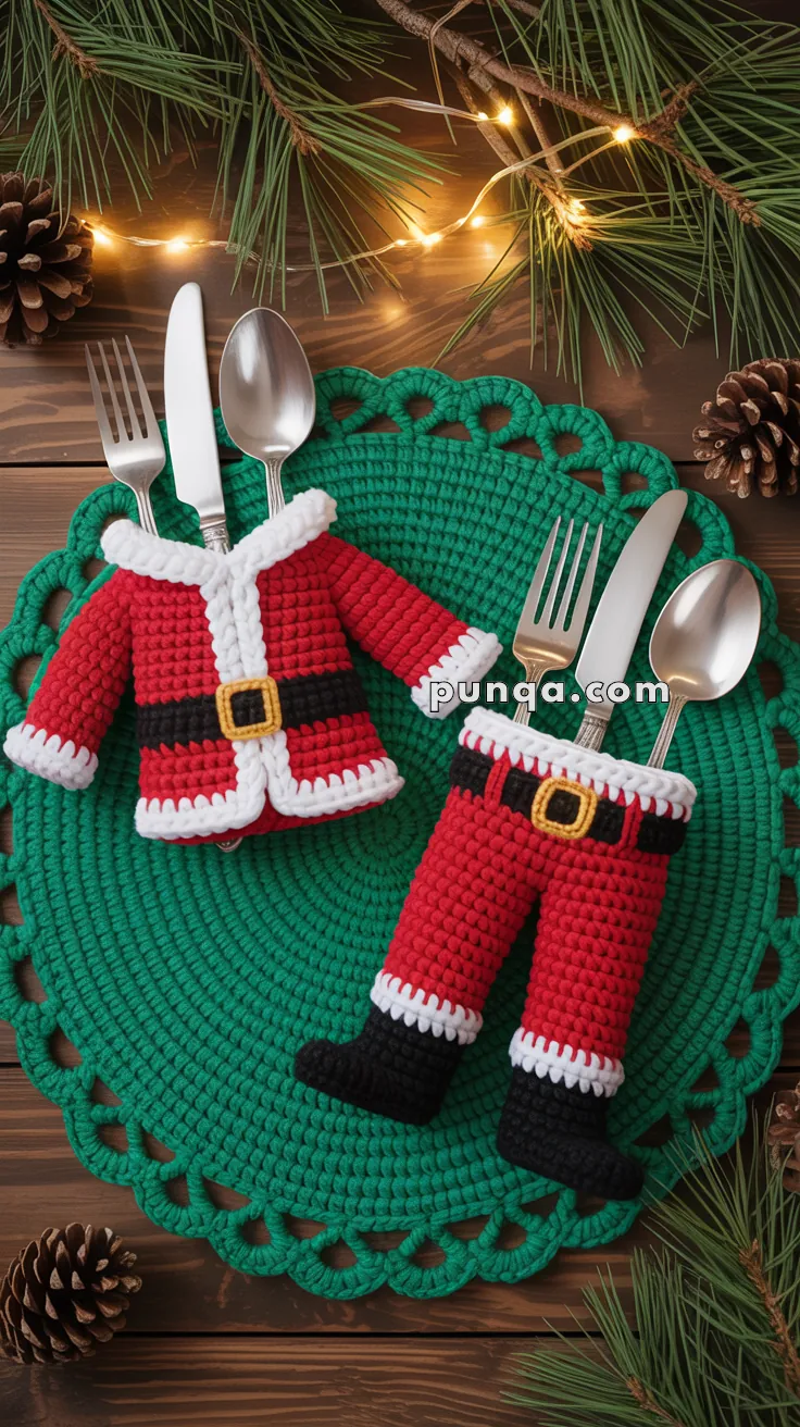 Forks and spoons are placed in crocheted Santa suit holders, featuring a red jacket and pants with white trim, lying on a green crocheted mat with pine branches and lights in the background.