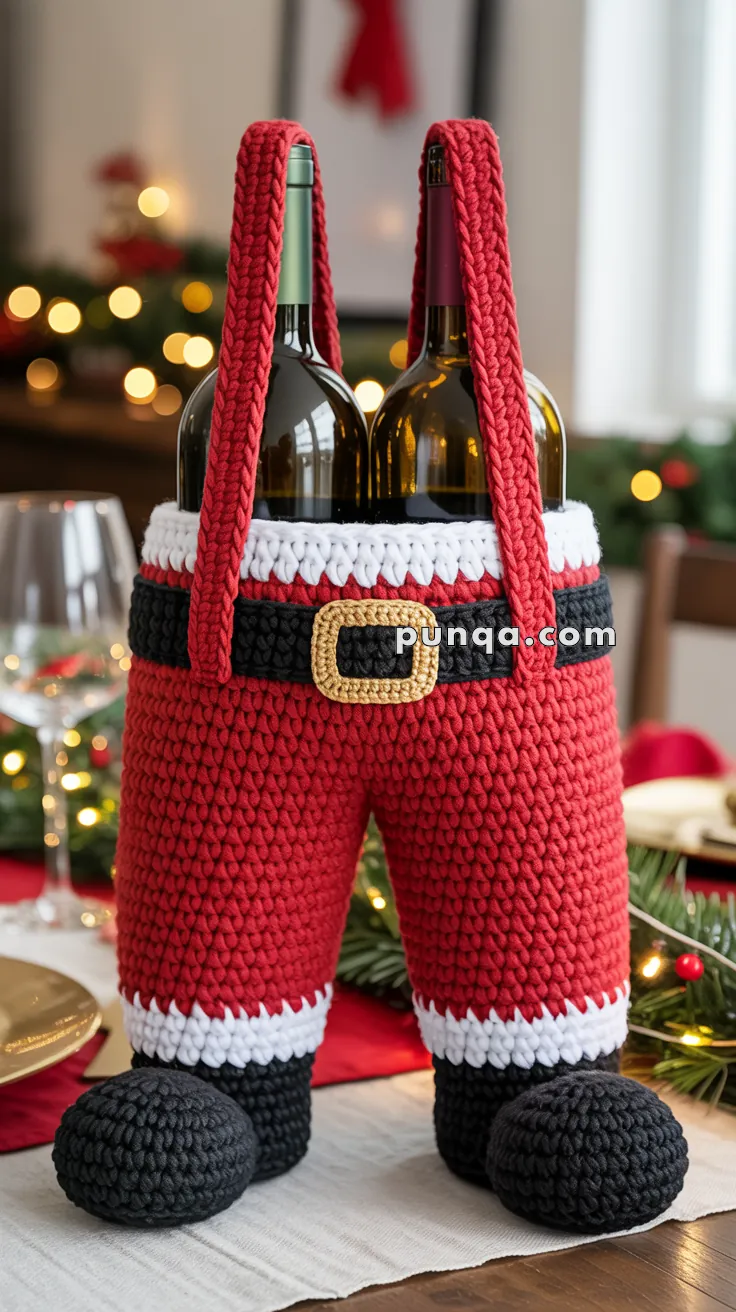 Two wine bottles are held upright inside a crocheted holder designed as Santa Claus's pants and boots with suspenders, on a festive dining table with holiday decorations.