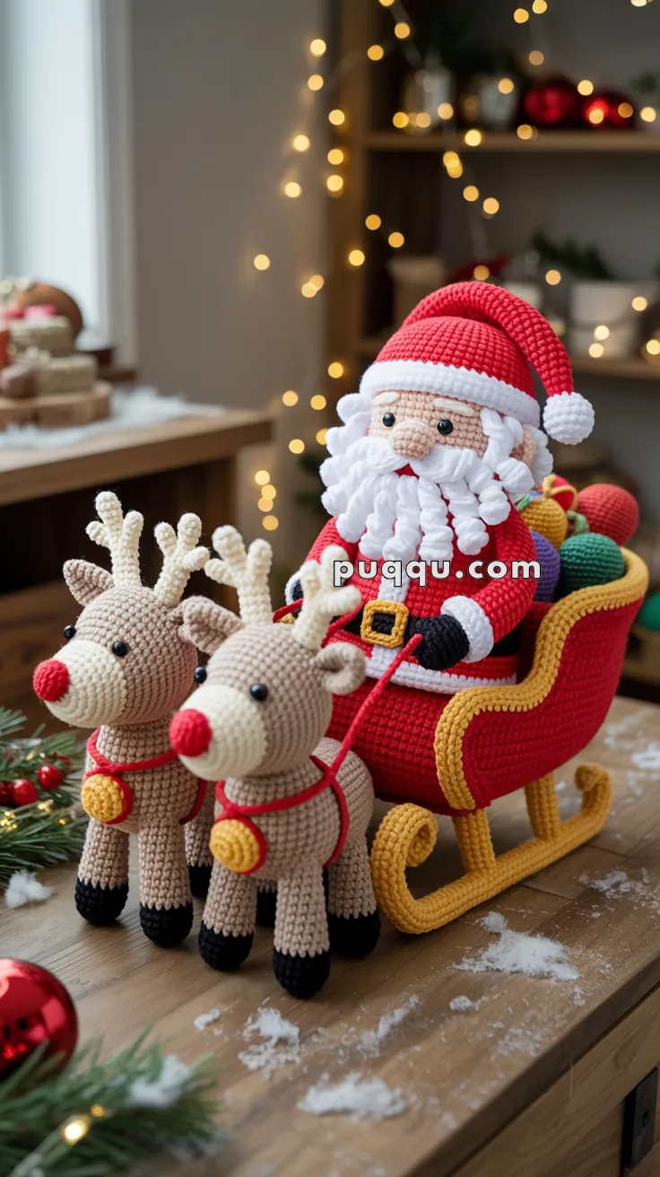 A crocheted Santa Claus figurine sits in a red sleigh filled with colorful round gifts, pulled by two crocheted reindeer with red noses, displayed on a wooden table with Christmas decorations and warm lighting in the background.