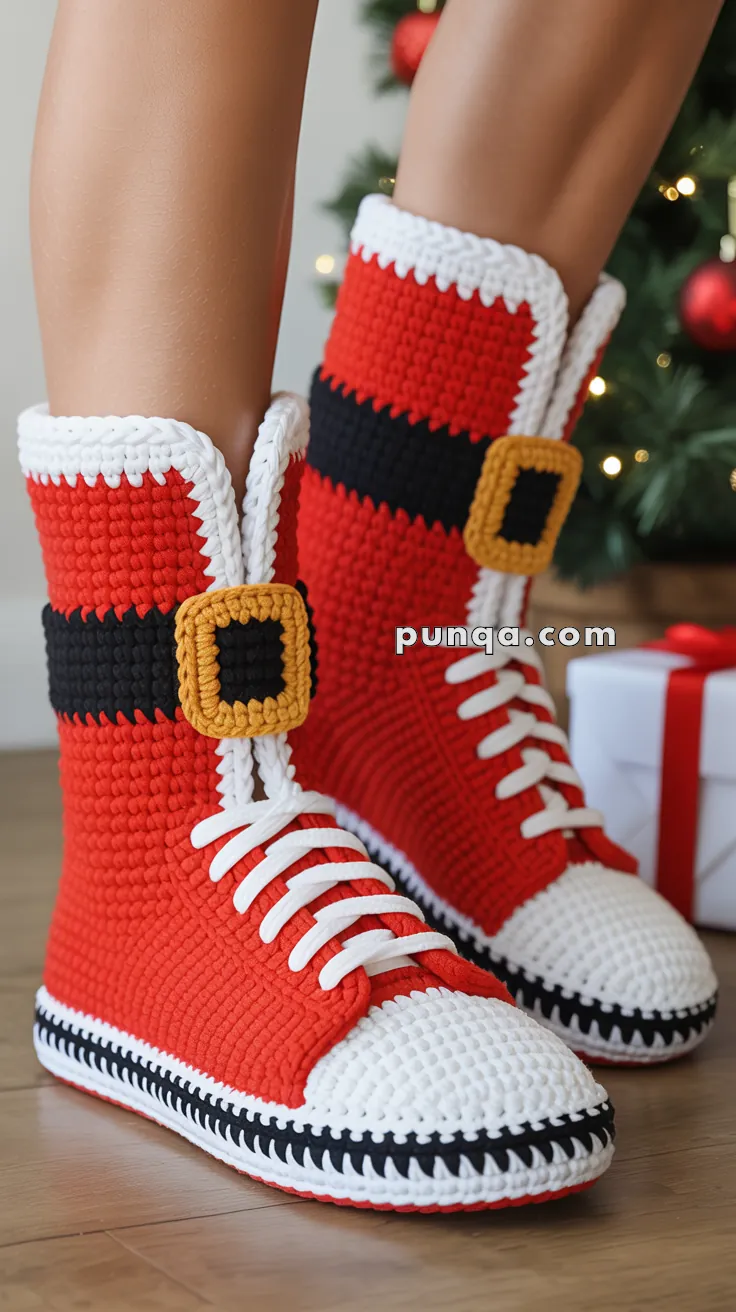 A pair of crochet boots designed to look like Santa's boots, featuring red, white, and black colors with a white sole and yellow buckle detail, worn by a person standing near a Christmas tree and gift.