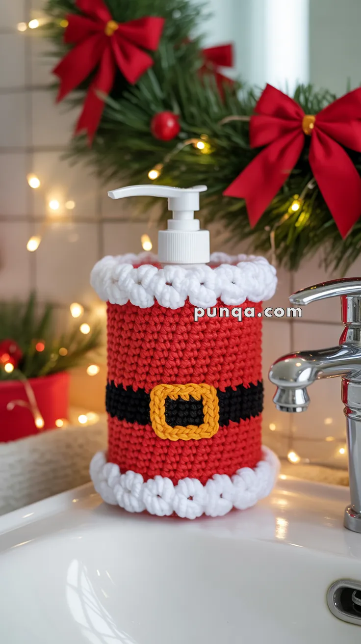 A soap dispenser adorned with a crocheted cover designed to resemble Santa's suit, featuring red, white, and black yarn with a decorative yellow buckle, placed on a bathroom sink with a festive wreath and fairy lights in the background.