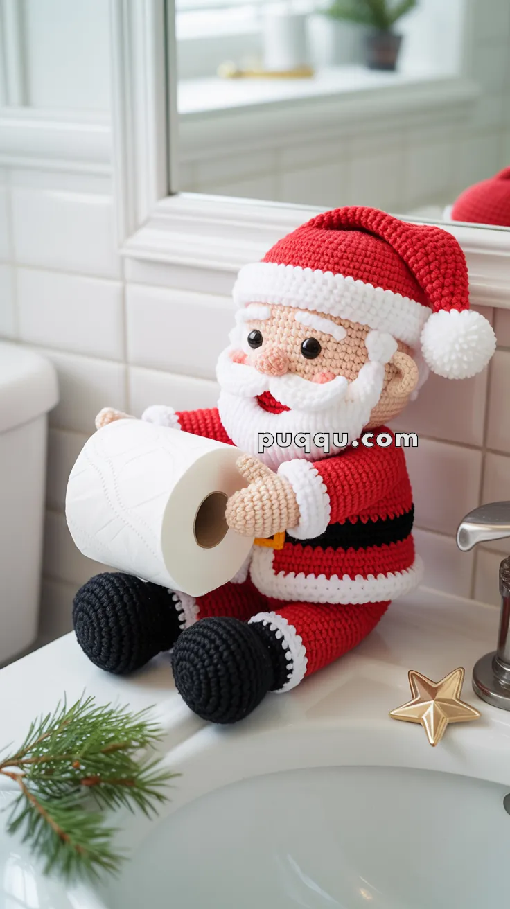 A crocheted Santa Claus figure holding a roll of toilet paper, sitting on the edge of a bathroom sink with a small decorative star and a sprig of pine nearby.