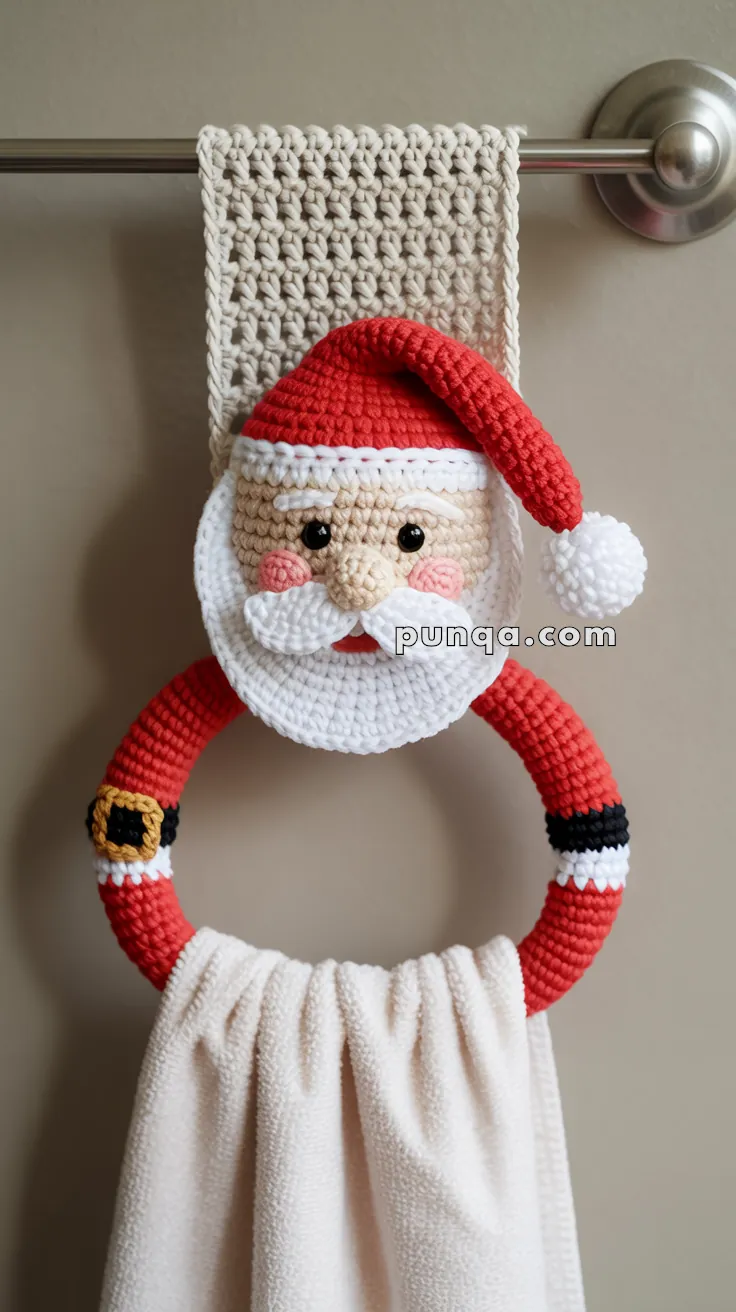 A crocheted Santa Claus towel holder hanging from a metal rod, with Santa's face and hat crocheted at the top above a red ring adorned with a faux belt buckle. A white towel is draped through the ring.