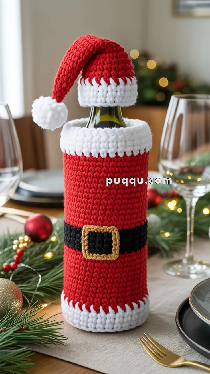 A wine bottle covered with a crocheted Santa Claus outfit, featuring a red suit with a black belt and a Santa hat, placed on a festive table setting with holiday decorations.