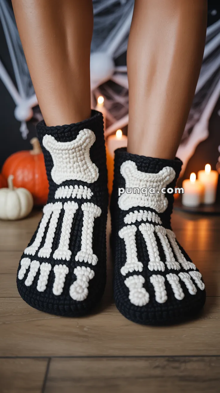 Person wearing knitted black slippers with white bone designs, resembling a skeleton foot pattern, on a wooden floor with a Halloween-themed background including pumpkins and candles.