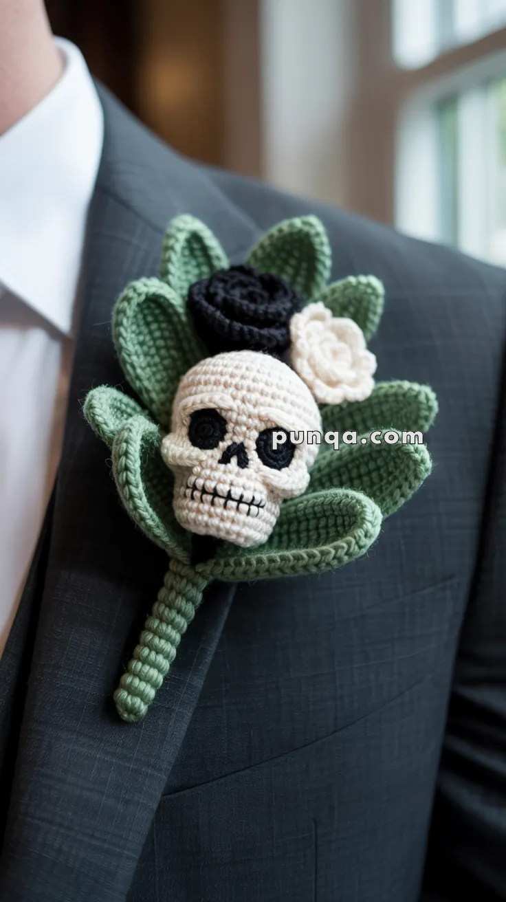 Crocheted boutonniere featuring a skull design with green leaves and black and white flowers, pinned to a dark suit.