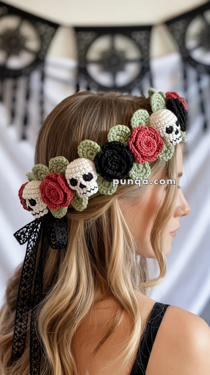 A woman with blonde hair wears a crocheted headband featuring a pattern of skulls, red and black flowers, and green leaves, with a lace ribbon tied at the back.
