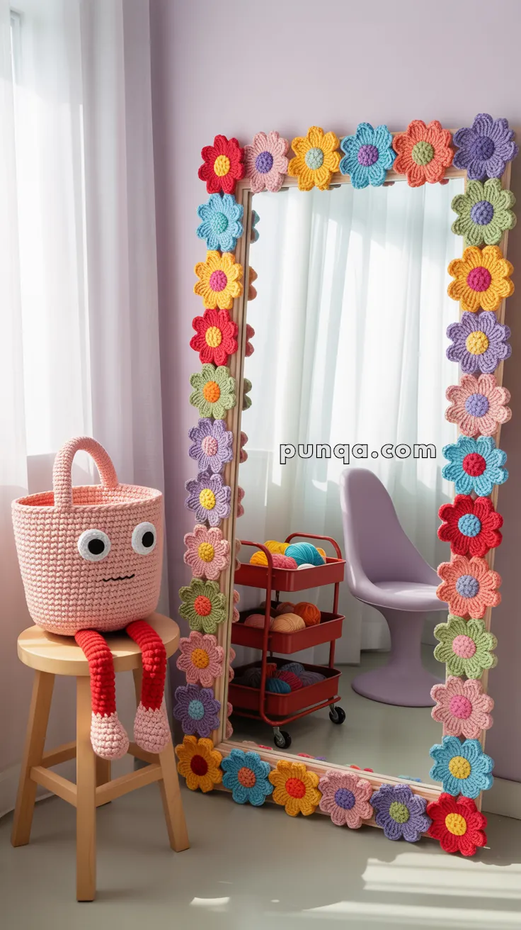 A room featuring a full-length mirror adorned with colorful crocheted flowers. Nearby, a pink crocheted basket with googly eyes and red legs sits on a wooden stool. A purple chair and a cart with various colored yarn balls are visible in the background.