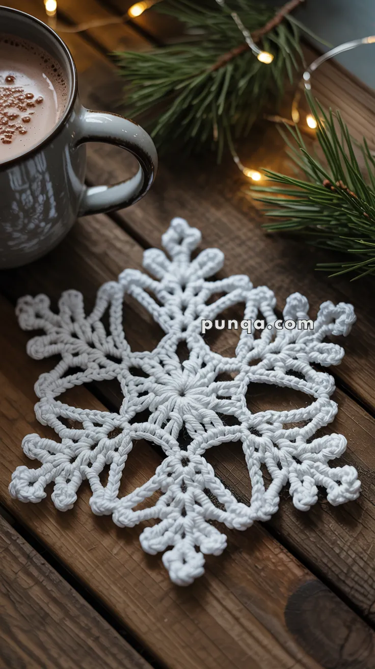 A wooden table decorated with a crocheted white snowflake, a mug of hot chocolate, and evergreen branches with string lights.