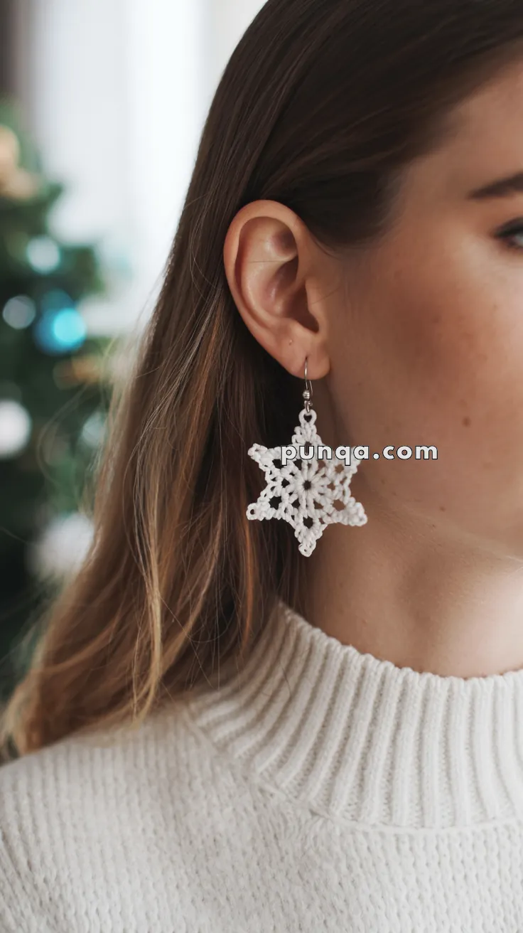 A close-up of a person wearing a white star-shaped crocheted earring, with a blurred background showing part of a green and blue decorated tree.