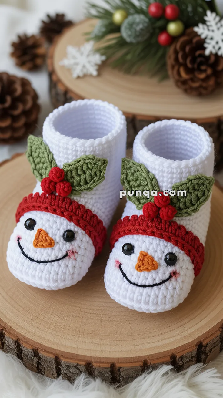 A pair of crocheted baby booties shaped like smiling snowmen, featuring red hats and green leaf accents, displayed on a wooden surface with festive decorations in the background.