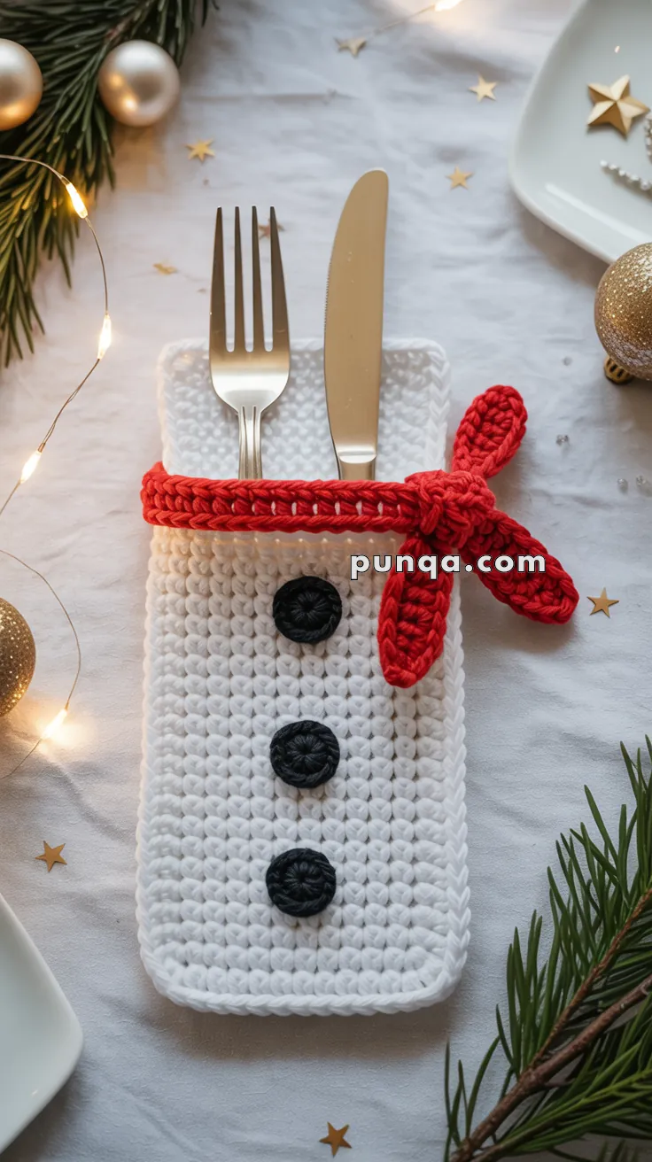A fork and knife are placed in a crochet white pouch resembling a snowman, with black button details and a red scarf. The setting includes festive decorations like pine branches, gold baubles, and twinkling lights on a white tablecloth.
