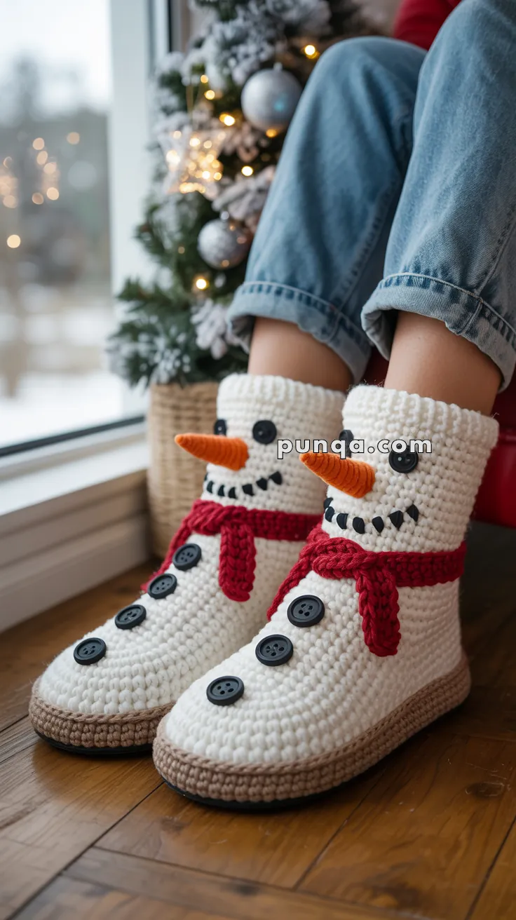 A pair of feet wearing crocheted snowman-themed slippers with orange carrot-like noses, black button eyes, and red scarves, beside a decorated Christmas tree.