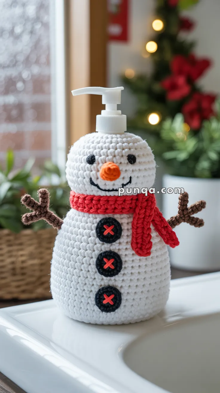 A soap dispenser disguised as a snowman with a crochet cover, featuring a carrot nose, red scarf, and black button details, sitting on a bathroom counter with a festive background.