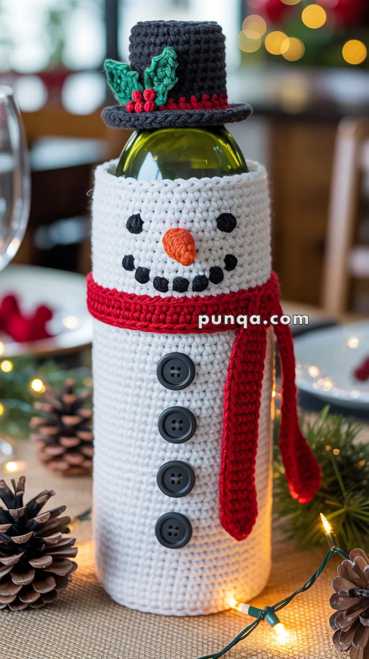 A wine bottle dressed in a crocheted snowman outfit, complete with button eyes, a carrot-shaped nose, and a red scarf. The bottle has a crocheted black hat with green leaves and red berries. The setting includes pinecones and holiday lights.
