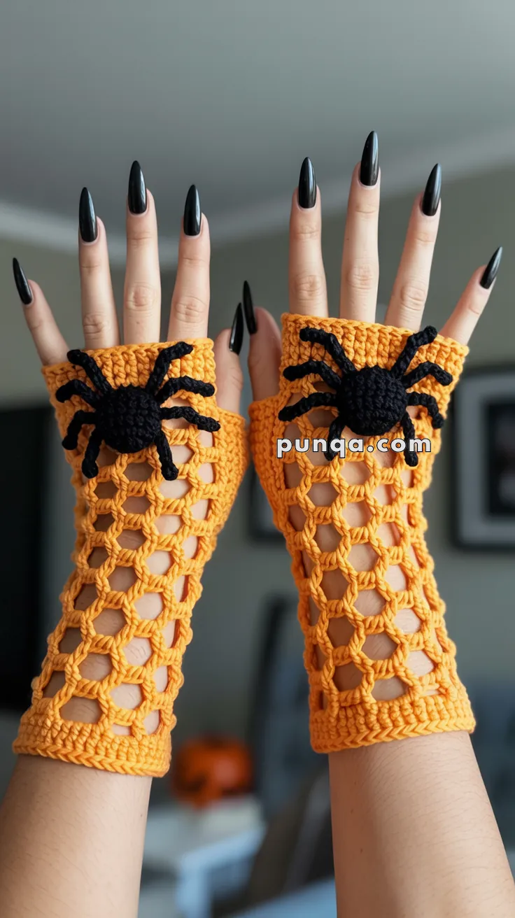 Two hands wearing orange crocheted fingerless gloves with black spider designs, displayed against a blurred indoor background.
