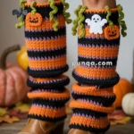 Colorful, crocheted Halloween leg warmers with orange, black, and purple stripes, decorated with pumpkins and a white ghost, worn over brown leather shoes.