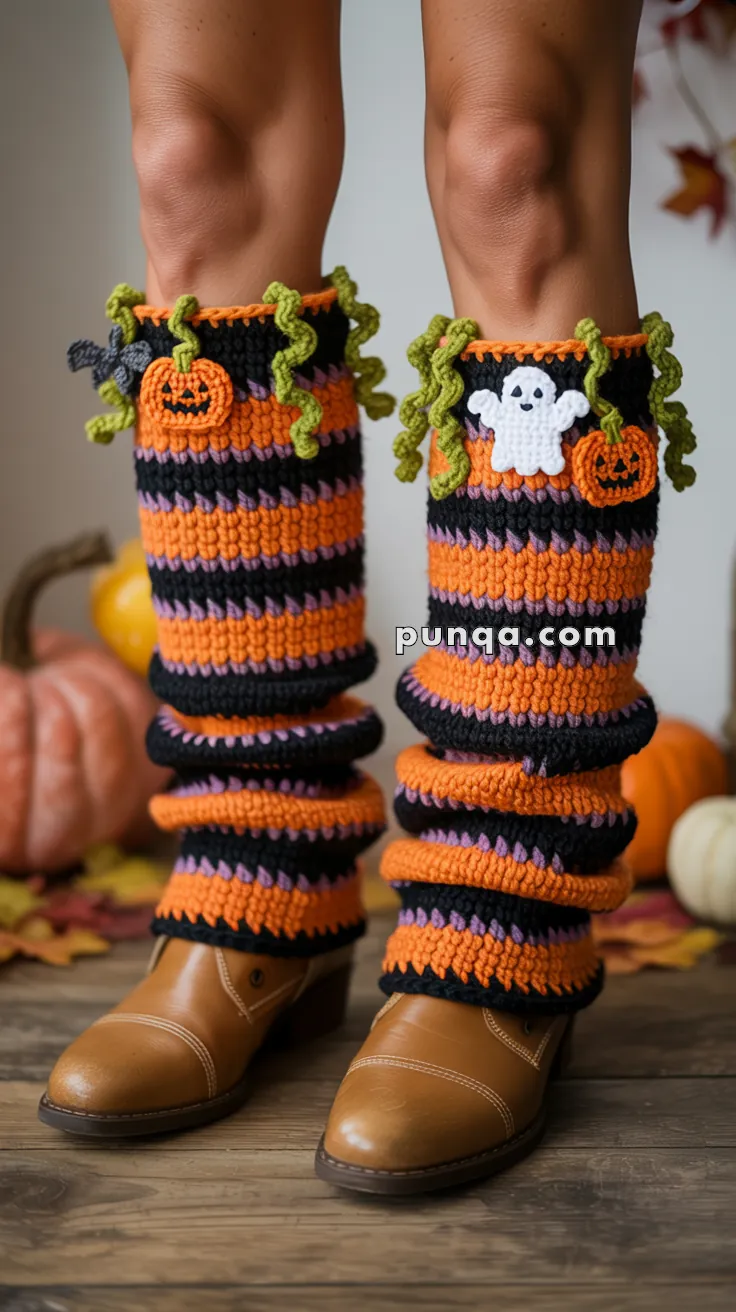 Colorful, crocheted Halloween leg warmers with orange, black, and purple stripes, decorated with pumpkins and a white ghost, worn over brown leather shoes.