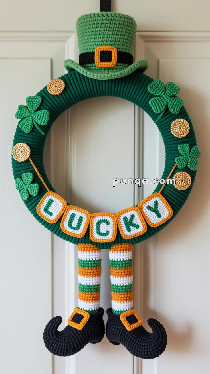 A green wreath decorated with crocheted clovers, gold coins, and a top hat, featuring the word 'LUCKY' and dangling striped legs with black shoes.