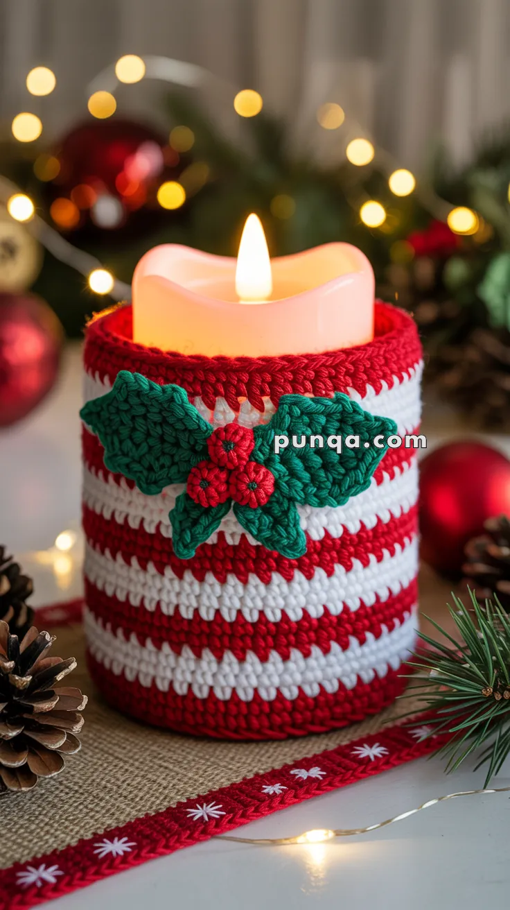 A candle wrapped in a red and white crochet cover adorned with green holly leaves and red berries, surrounded by festive decorations including pinecones, pine branches, and string lights.