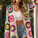 Woman wearing a straw hat, white crop top, denim shorts, and a colorful crochet cardigan, holding a woven handbag outdoors.