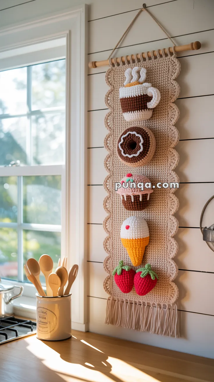 A crocheted wall hanging in a kitchen features designs of a steaming mug, donut, cupcake, ice cream cone, and strawberries on a beige scalloped cloth background.