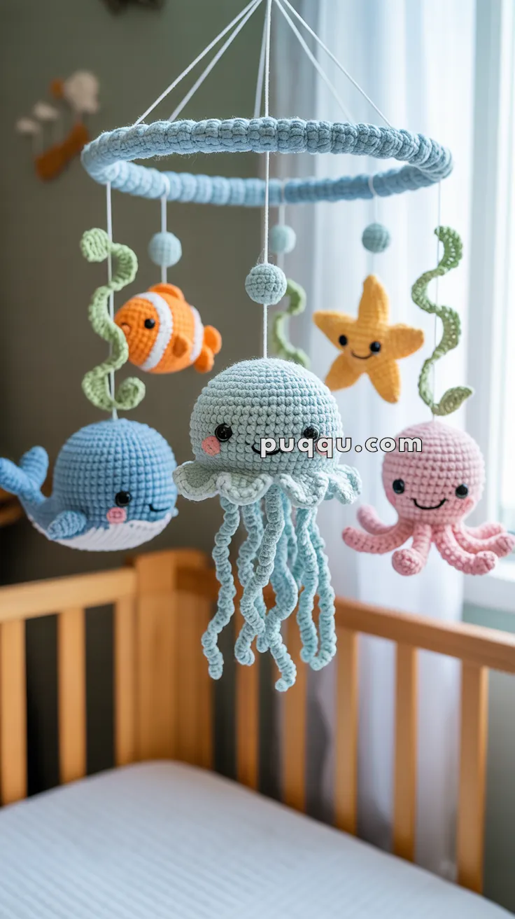 A crochet baby mobile hangs above a crib, featuring cute sea creatures like a whale, clownfish, jellyfish, starfish, and octopus in pastel colors.