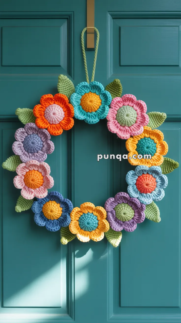 A colorful crocheted floral wreath hanging on a teal door, featuring yarn flowers in shades of orange, pink, purple, blue, and green leaves.