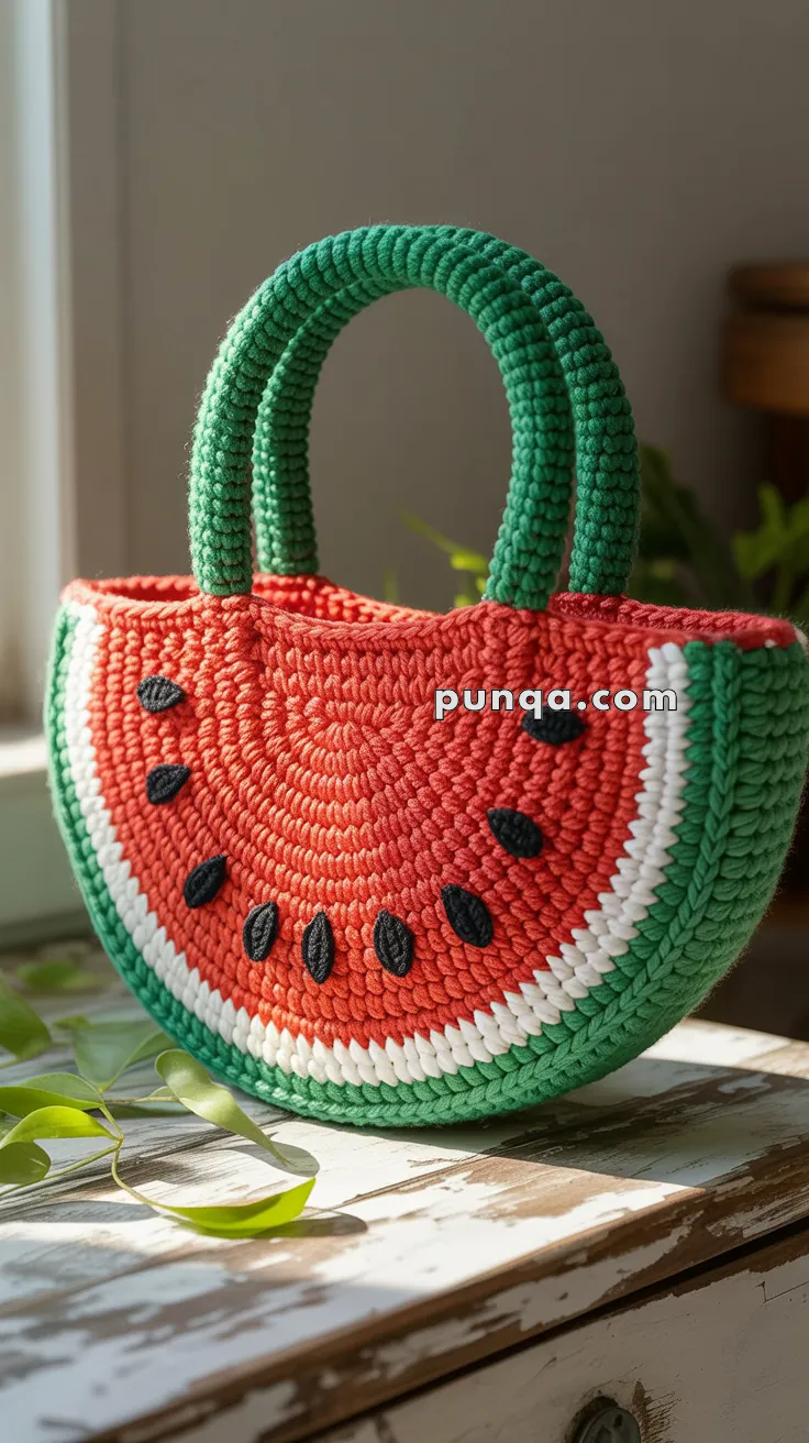 A knitted watermelon-themed handbag with green handles, showcasing a red, white, and green pattern with black seed accents, placed on a rustic wooden surface near a window with natural light.