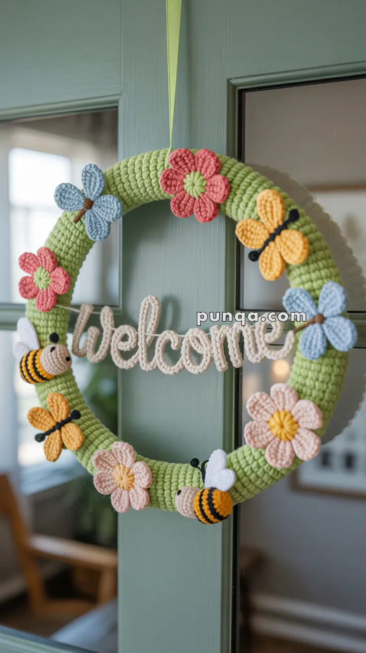 A handmade crochet wreath with colorful flowers and bees, featuring a "Welcome" sign, hanging on a door.