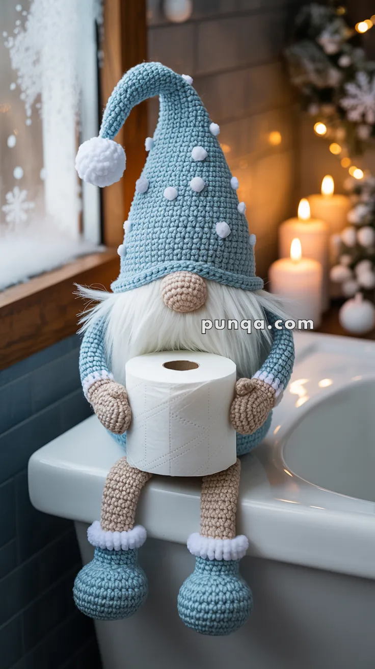 A crochet gnome figure wearing a blue hat with white pom-poms, holding a roll of toilet paper, sitting on the edge of a bathtub with candles and a snowy window in the background.