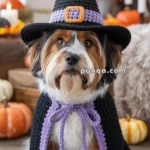 A small dog dressed in a black witch costume with a purple trim and a matching witch hat with an orange buckle, sitting in a room decorated with pumpkins and candles for Halloween.